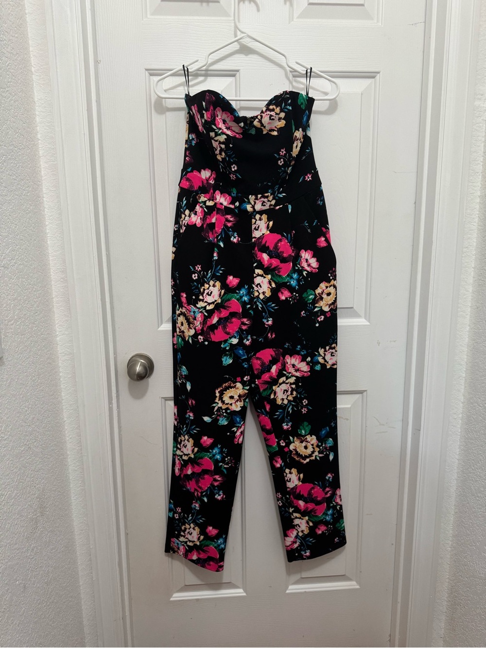 Express Black Strapless Floral Jumpsuit with Pink and Cream Flowers WITH POCKETS
